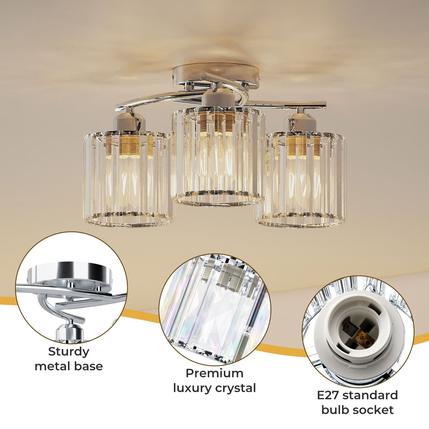 Emitto Crystal Ceiling Light 3 Light Semi Flush Mount Lamp E27 Chandelier Chrome