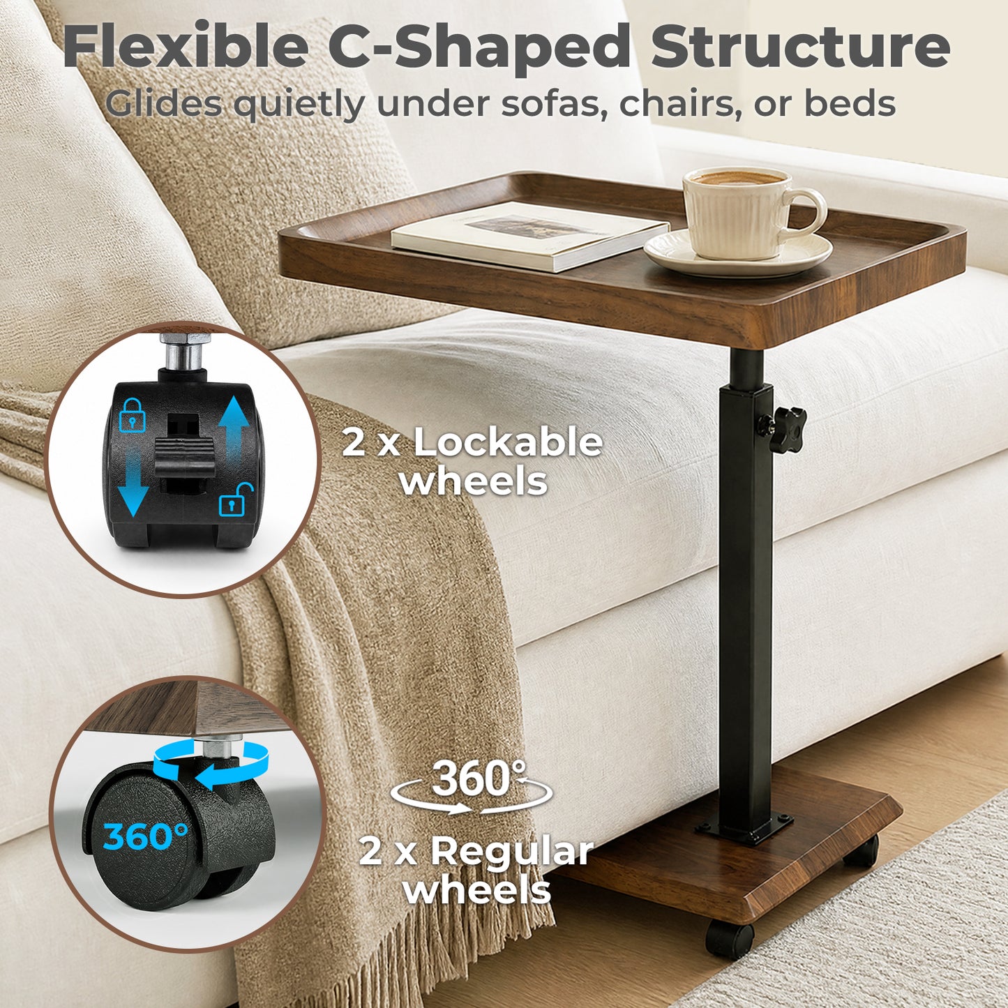 Levede C Shaped Side Table Height Adjustable Rolling 360° Swivel Top End Table
