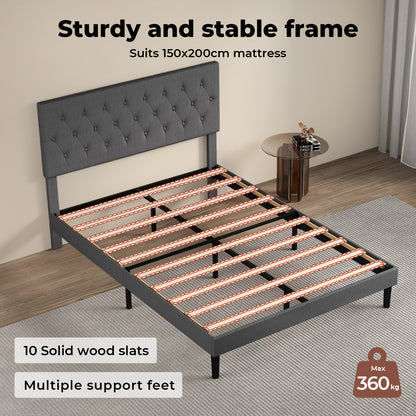 Levede King Bed Frame Upholstered Linen Fabric Soft Foam Headboard Wooden Grey