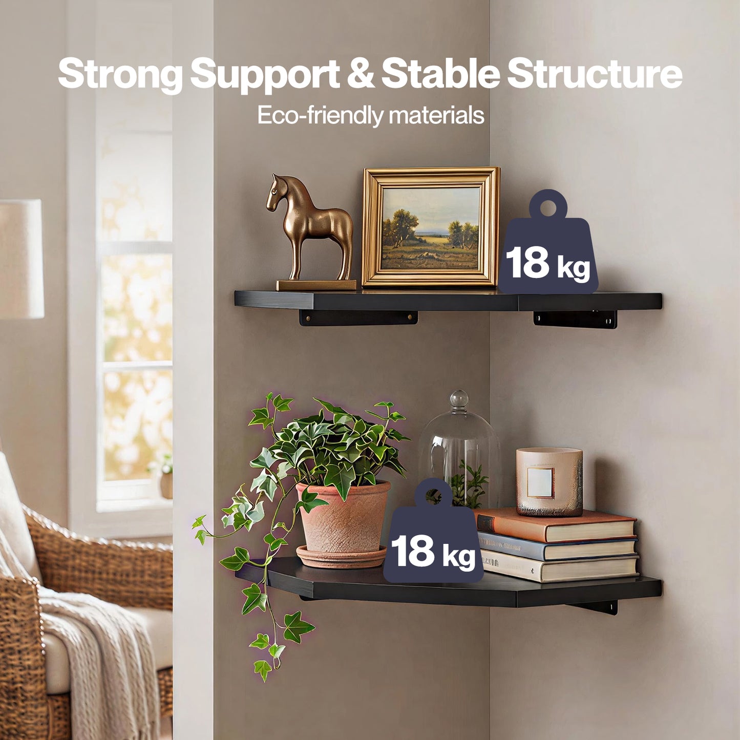 Levede 2 Pack Floating Corner Shelves Cable Cut-Out Wall Mounted Storage Black