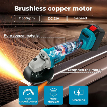 Traderight 125mm Electric Cordless Brushless Angle Grinder 21V 2x4.0Ah Battery
