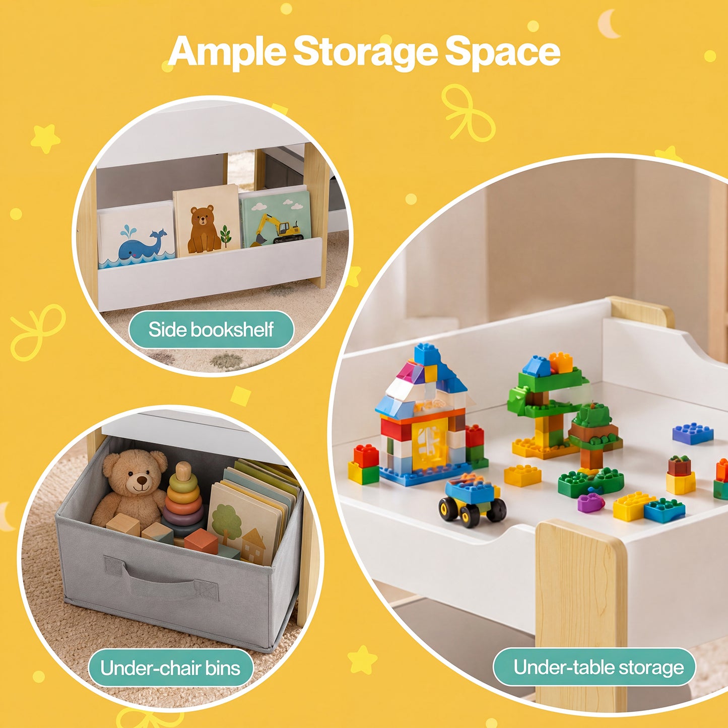 Dekko Kids Table and Chairs Set 2-in-1 Flip Top Storage Play Study Natural