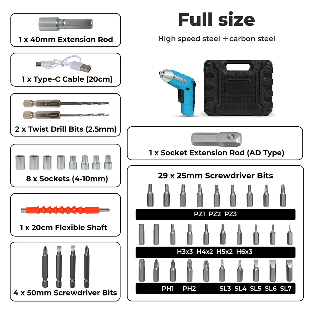 Traderight 47pcs Cordless Screwdriver Set 1300mAh Rechargeable 3.0N.m Torque