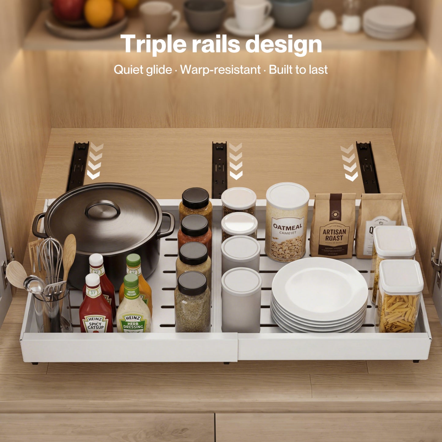 TOQUE Pull Out Cabinet Organizer Adhesive 2 Pcs Expandable White Storage Drawers