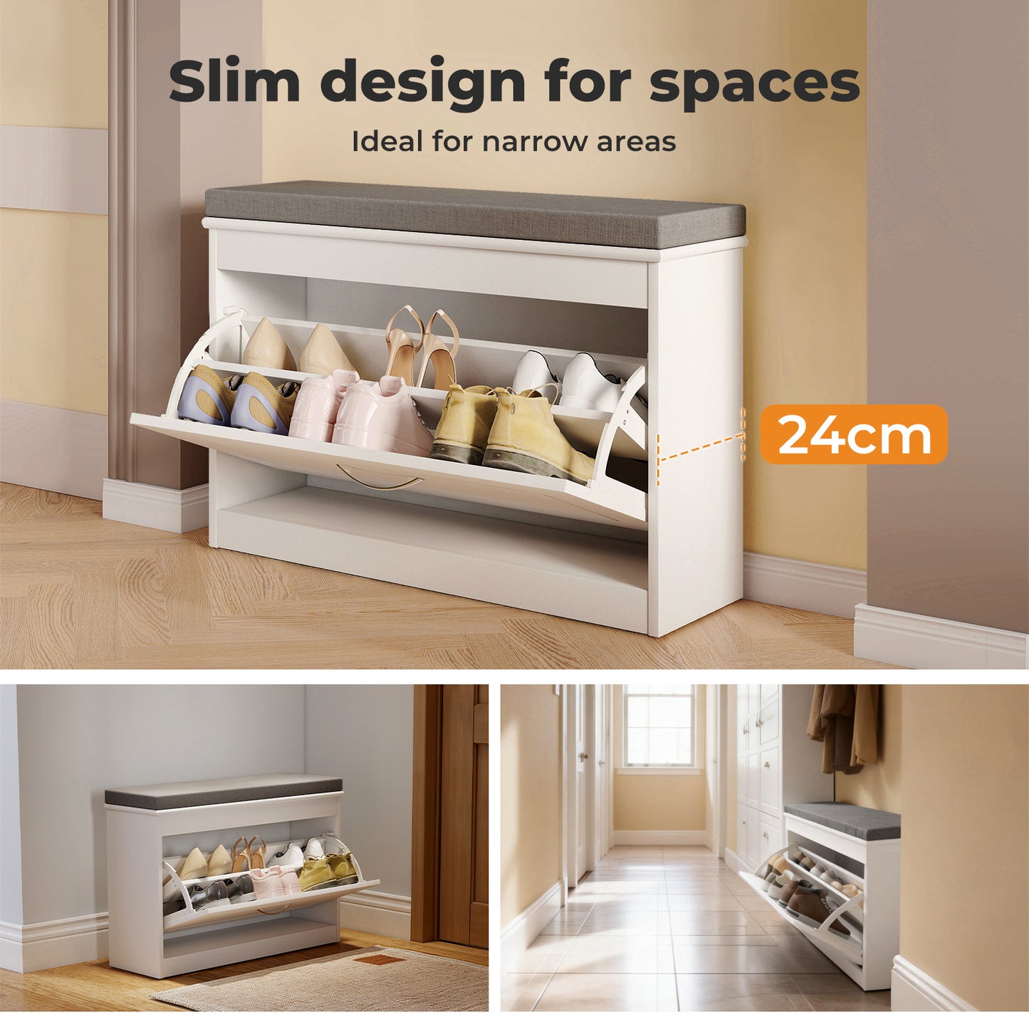 Levede Slim Shoe Storage Cabinet White Hallway Shoe Bench Organiser Unit 75cm
