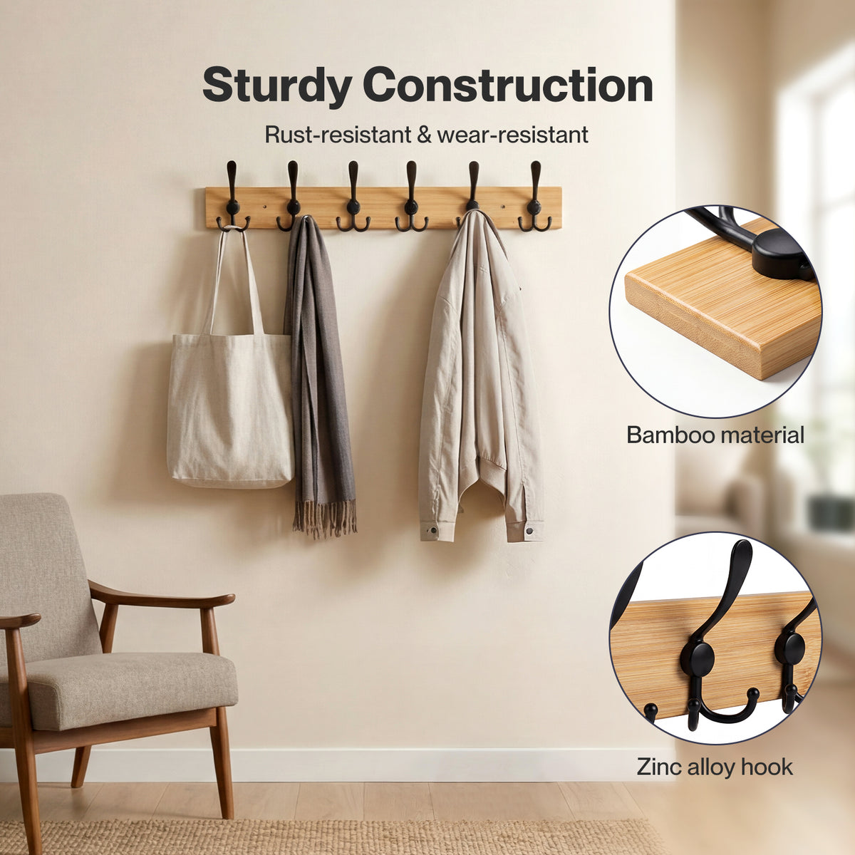 Levede Coat Rack Wall Mounted 6 Triple Hooks Holds Coats & Bags  Hallway Bamboo