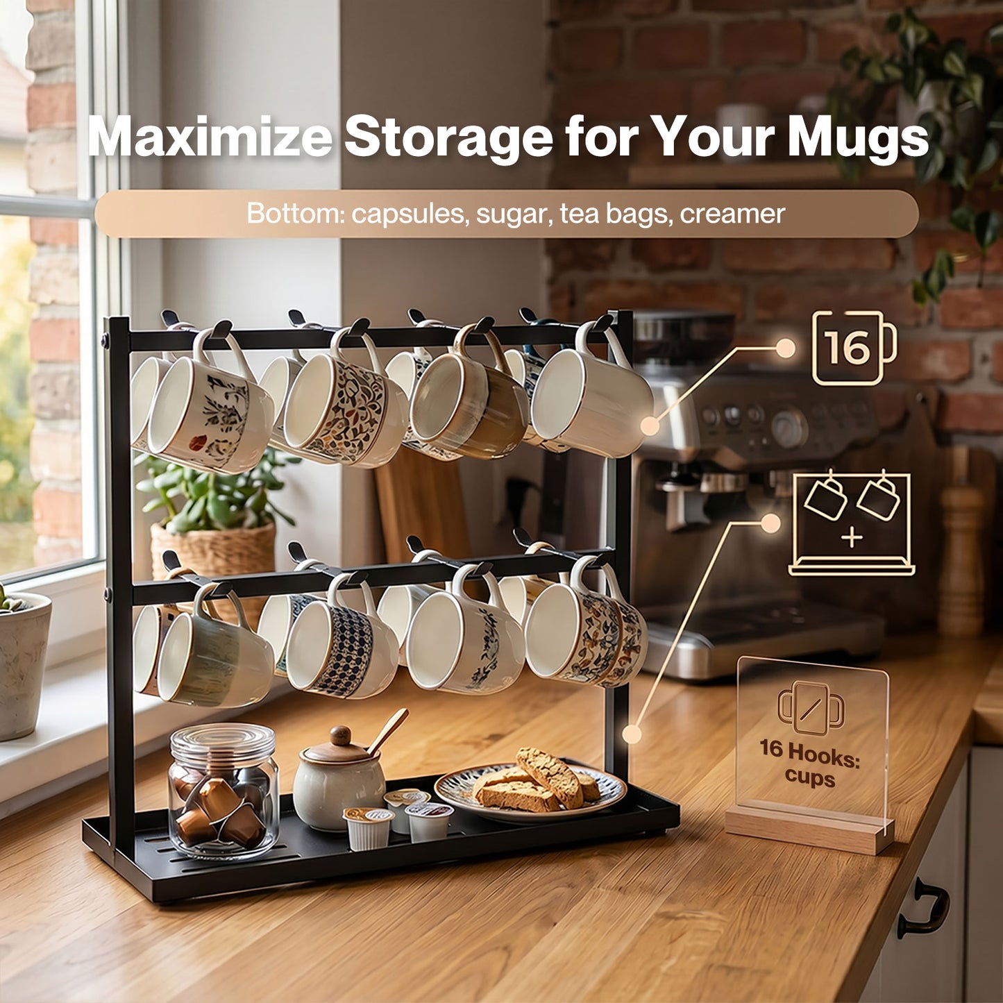 Levede Mug Holder Stand Countertop Coffee Cup Rack Storage Organiser 16 Hooks