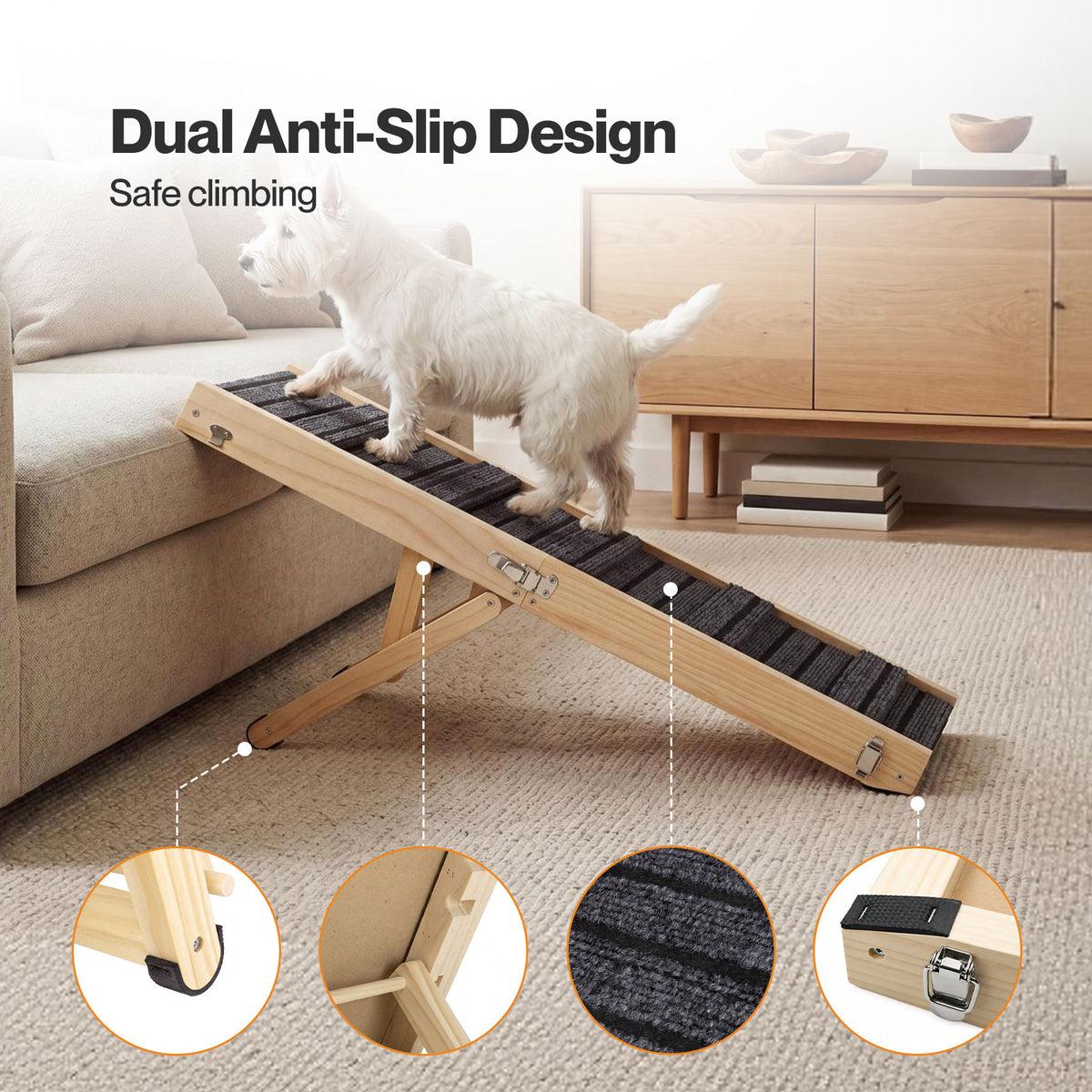 Skylos Dog Ramp Adjustable Folding 4 Heights Non Slip for Small Pets Natural