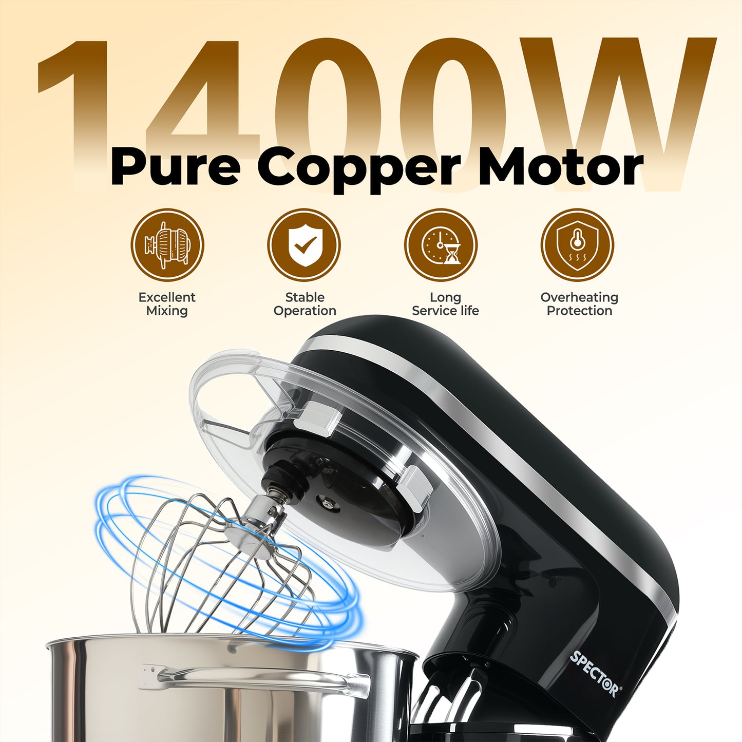 Spector Electric Stand Mixer 6.2L Stainless Steel Mixing Bowl 1400W 6 Speeds