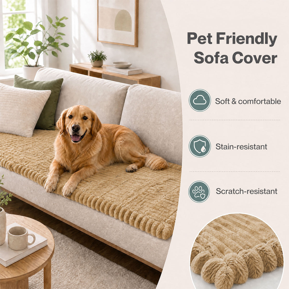 Marlow Corduroy Sofa Cover Pet Friendly Non Slip Washable 70 x 180cm Light Camel