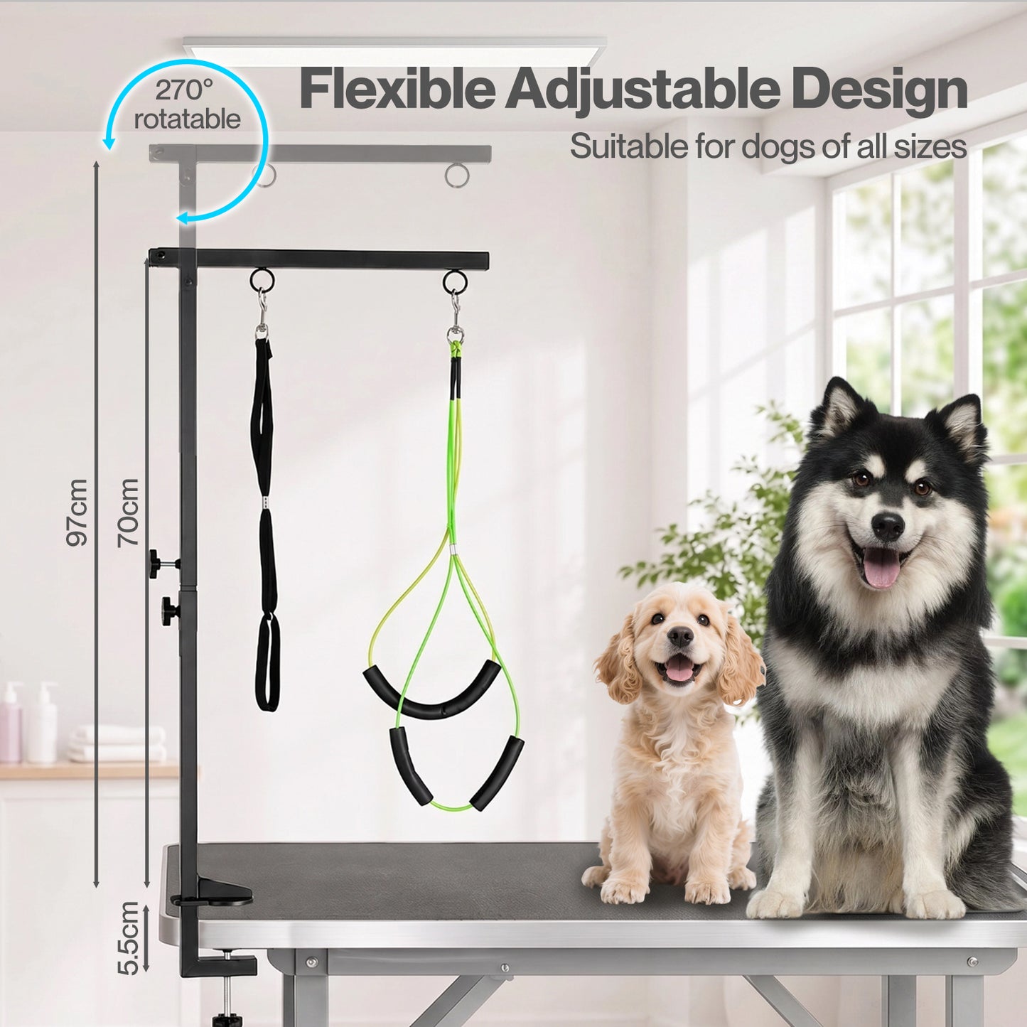 Skylos Dog Grooming Table Arm Adjustable 270° Steel Clamp Hammock for Home Black