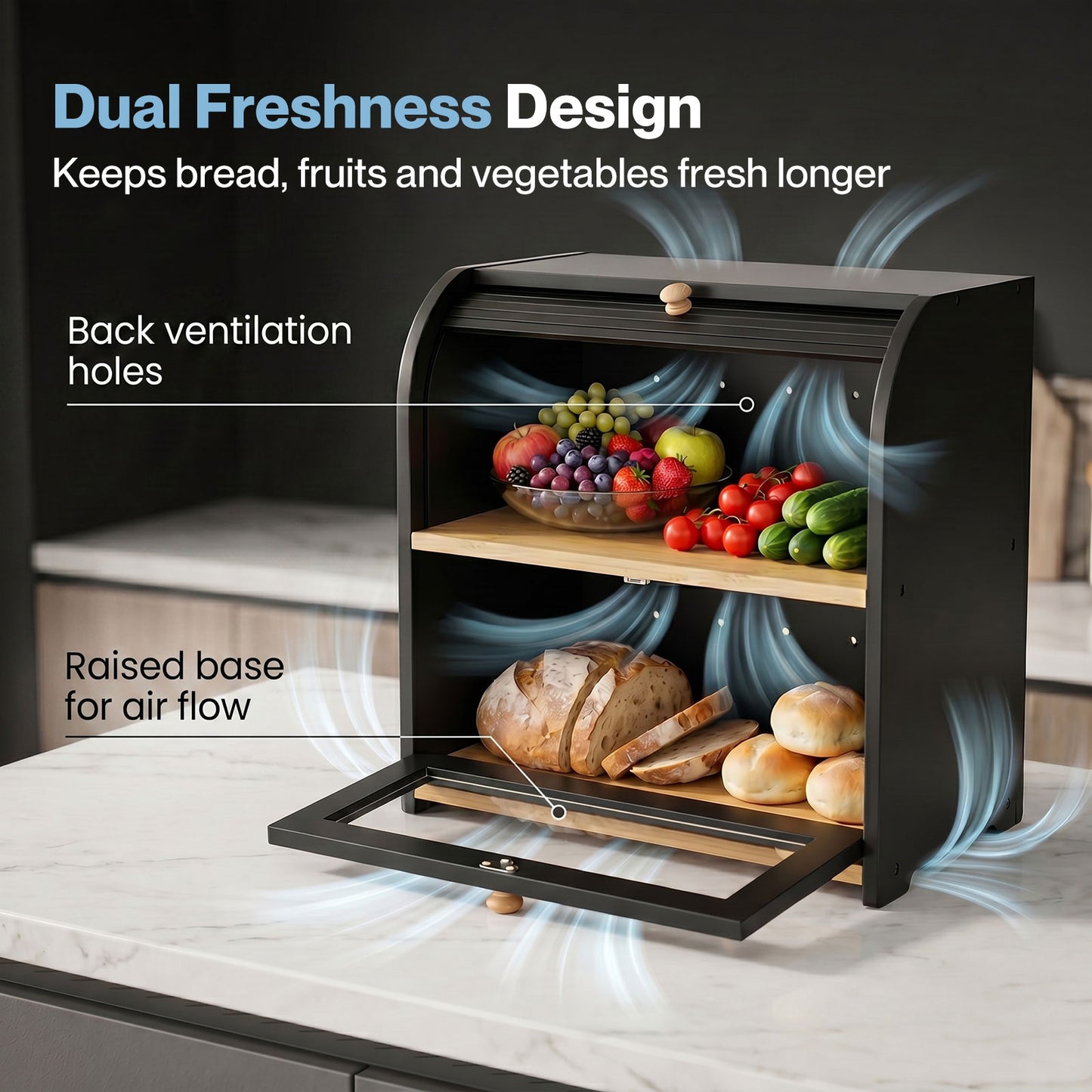 Bread Box  2-Tier Large Capacity Roll Top  Black Bamboo  Acrylic Door
