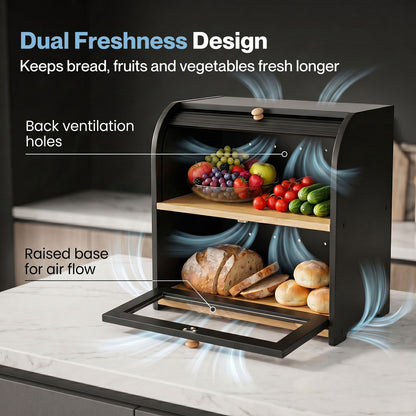 Bread Box  2-Tier Large Capacity Roll Top  Black Bamboo  Acrylic Door