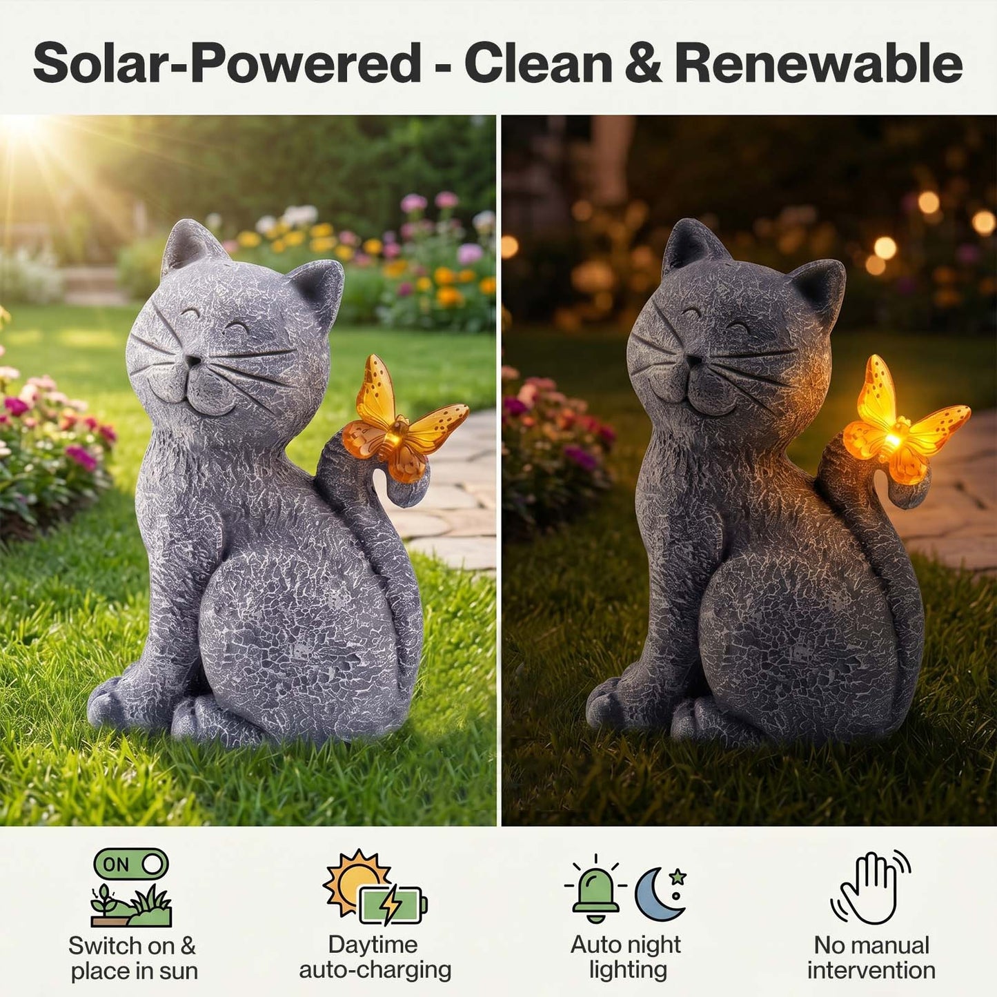 Emitto Cat Garden Ornaments Outdoor Resin Gray Orange Solar LED Decor