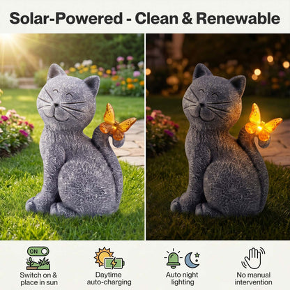Emitto Cat Garden Ornaments Outdoor Resin Gray Orange Solar LED Decor