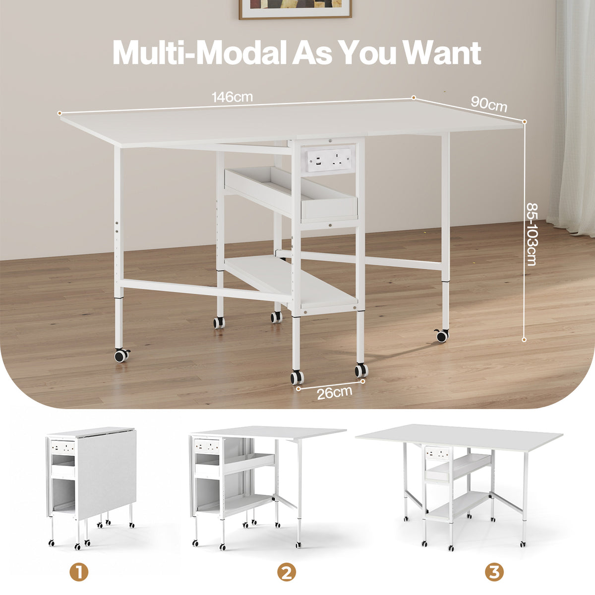 Levede Sewing Table Foldable Craft Desk Height Adjustable with Storage Black