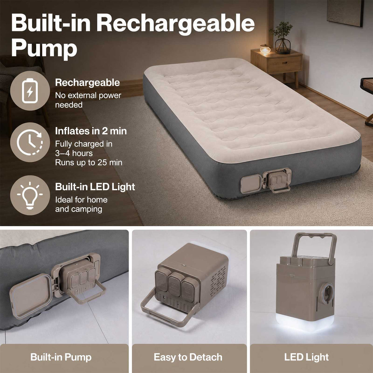 Lavio Inflatable Mattress TPU Airbed Rechargeable Pump Single Camp Bed Grey