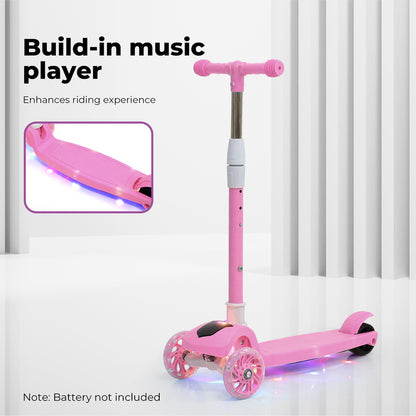 Dekko Foldable Kids Scooter Adjustable Height Flashing LED Music 3 Wheels Pink