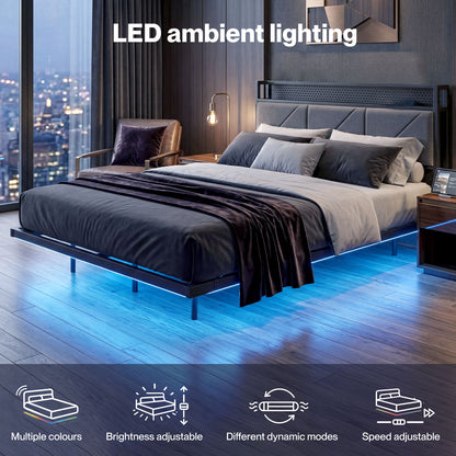 Levede Floating Bed Frame Double LED Lights Upholstered USB Storage Headboard