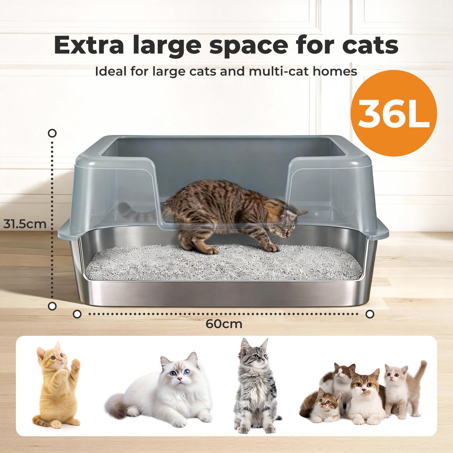 Skylos Stainless Steel Cat Litter Box High Sided Litter Tray with Scoop Pedal
