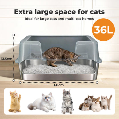 Skylos Stainless Steel Cat Litter Box High Sided Litter Tray with Scoop Pedal