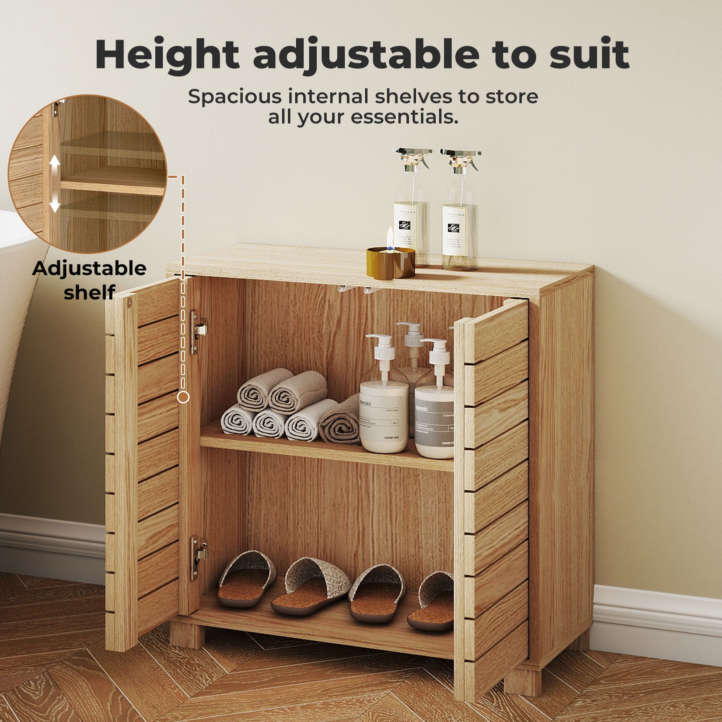 Levede Bathroom Floor Storage Cabinet 2-Tier Adjustable Shelf Cupboard Oak Style