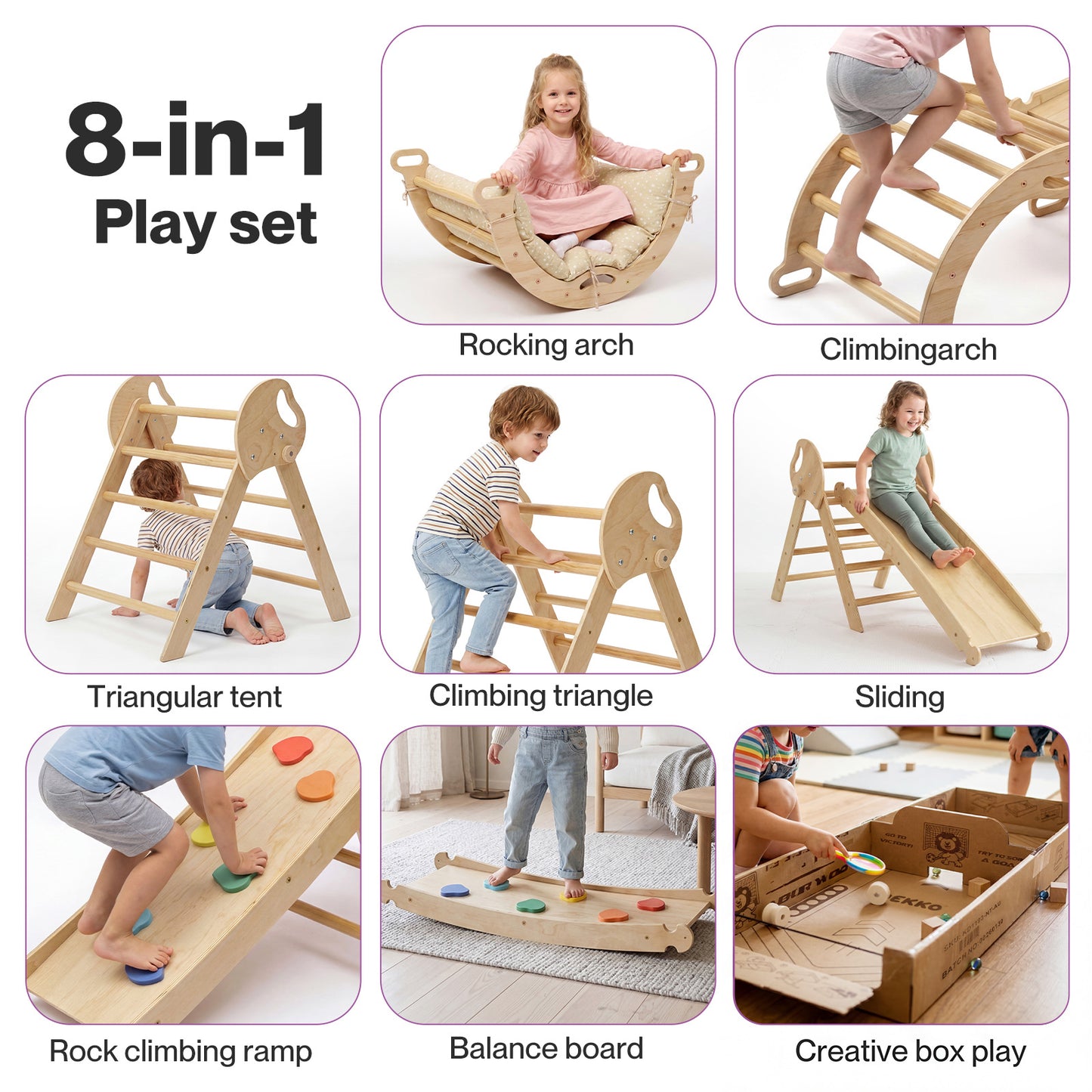 DEKKO 8 in 1 Triangle Climbing Set Kids Wooden Climber with Arch Slide Natural