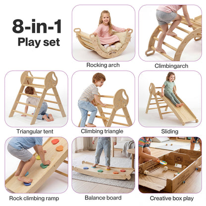 DEKKO 8 in 1 Triangle Climbing Set Kids Wooden Climber with Arch Slide Natural