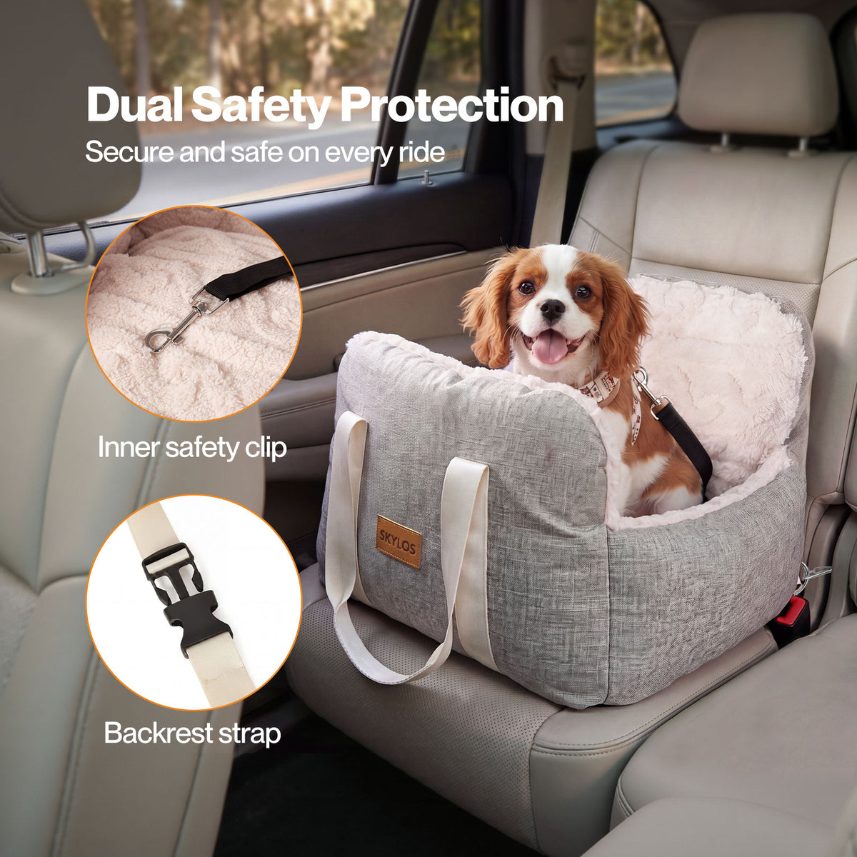 Skylos Dog Car Seat Safe Booster Bed Small Pets Travel Carrier Washable Beige