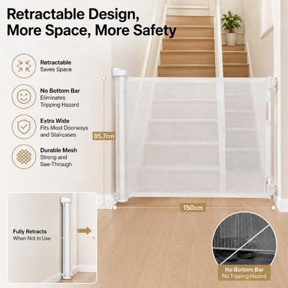 Dekko Retractable Stair Gate One Hand Lock 150cm PVC Mesh For Hallways Grey