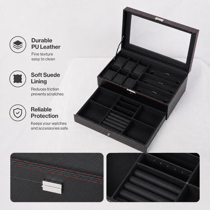 Watch Box Watch Storage Jewelry Box 2 Layer Glass Lid Lockable Display Black