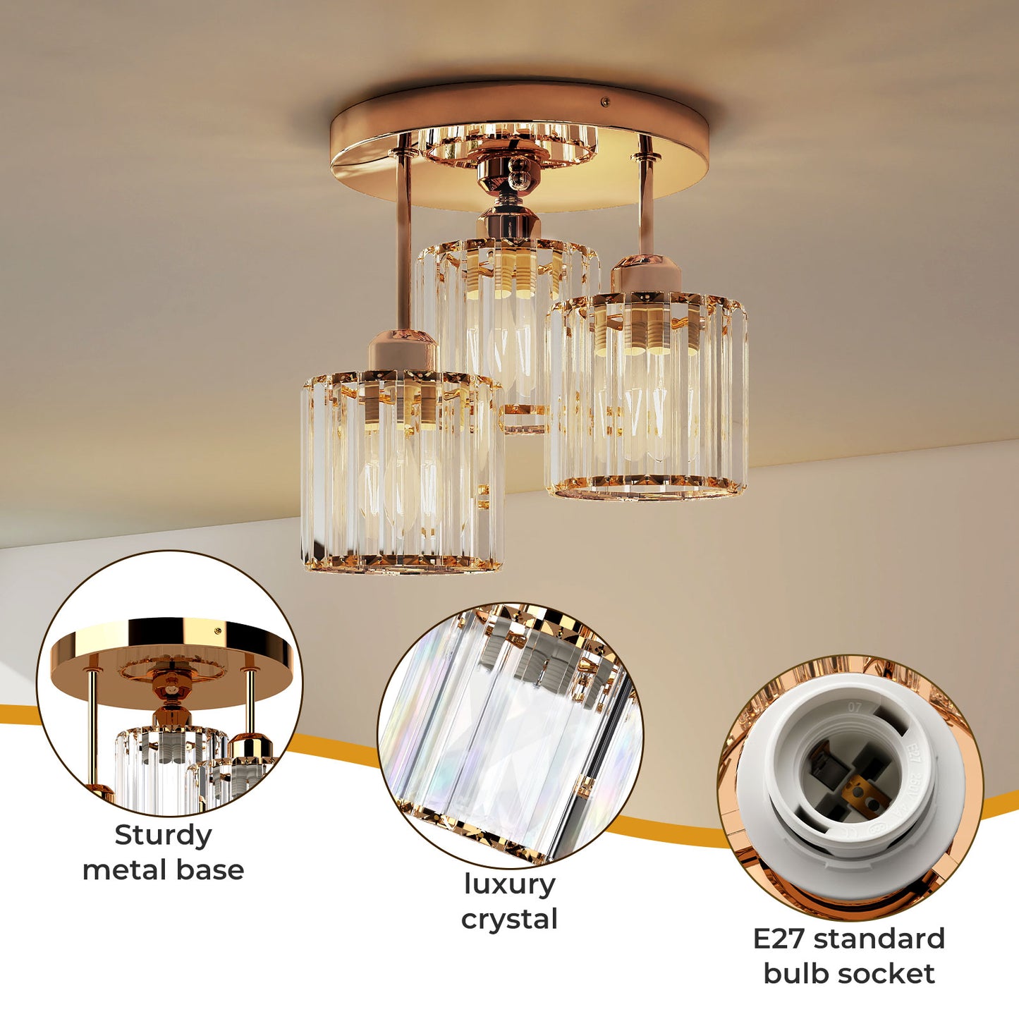 Emitto Crystal Ceiling Light 3 Light E27 Chandelier Semi Flush Mount Lamp Gold