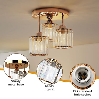 Emitto Crystal Ceiling Light 3 Light E27 Chandelier Semi Flush Mount Lamp Gold
