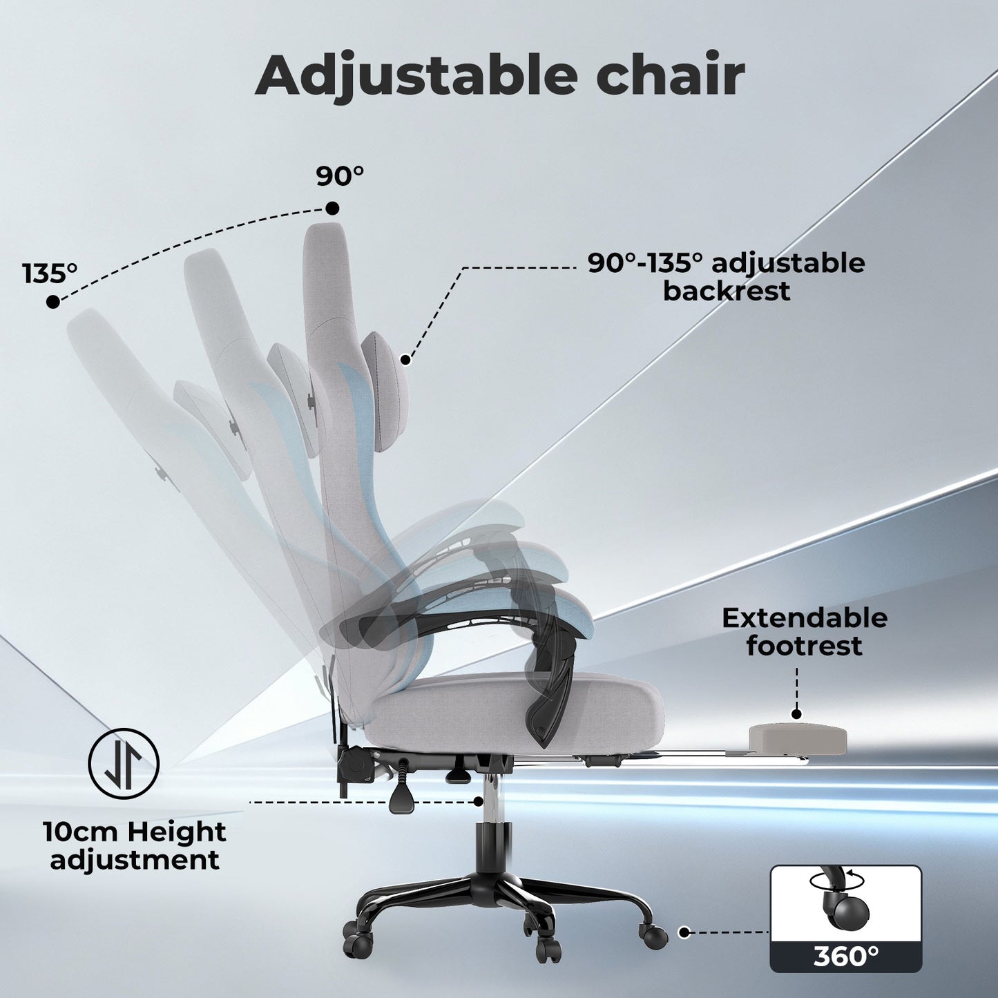 Levede Office Desk Chair Fabric Gaming Recliner Adjustable Height Swivel Grey