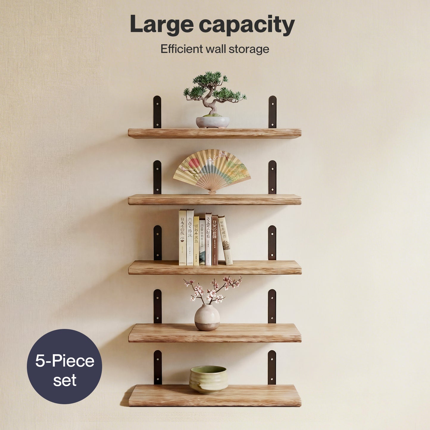 Levede Floating Shelves Wood Wall Mounted Shelf Rustic Set of 5 Light Brown