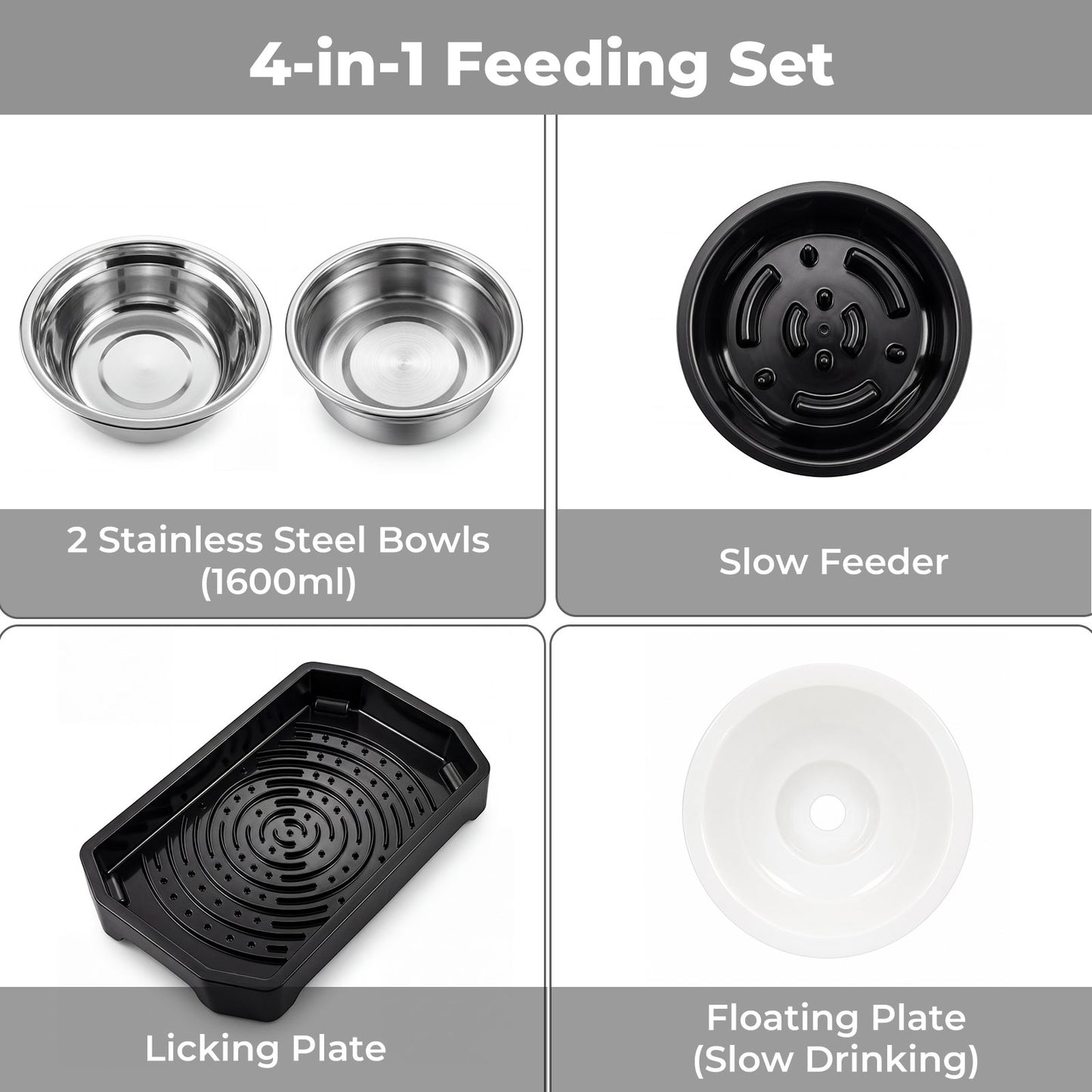 Skylos Raised Dog Bowl 4-Height Adjustable Feeding Station Full Set 1600ml Black