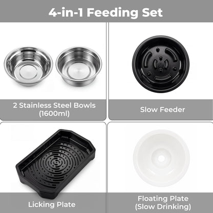 Skylos Raised Dog Bowl 4-Height Adjustable Feeding Station Full Set 1600ml Black