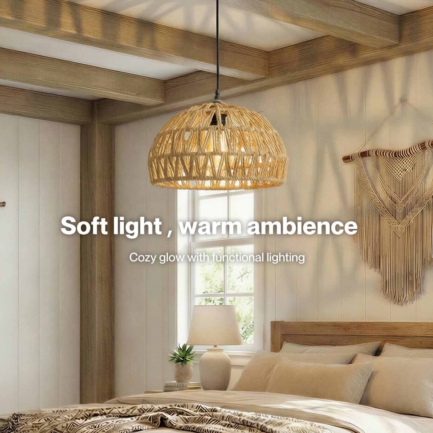 Emitto Rustic Ceiling Pendant Light Shade Hemp Rope Lamp Shade Boho Yellow 23cm