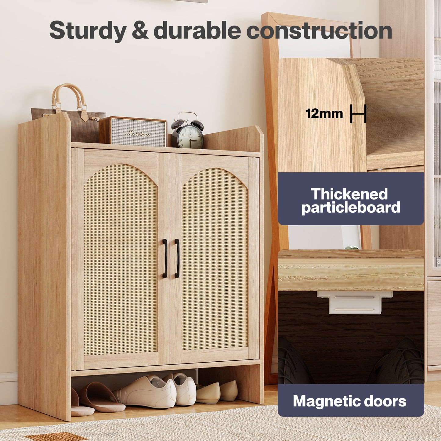 Levede Shoe Cabinet 5-Layer Rattan Wooden Doors Adjustable Entrance Storage