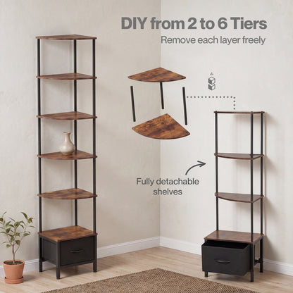 Levede Corner Bookcase Tall Corner Shelf Unit 6-Tier with LED Light Drawer Brown