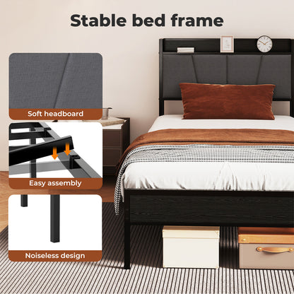 Levede Single Bed Frame Metal Platform Linen Upholstered Headboard with Storage