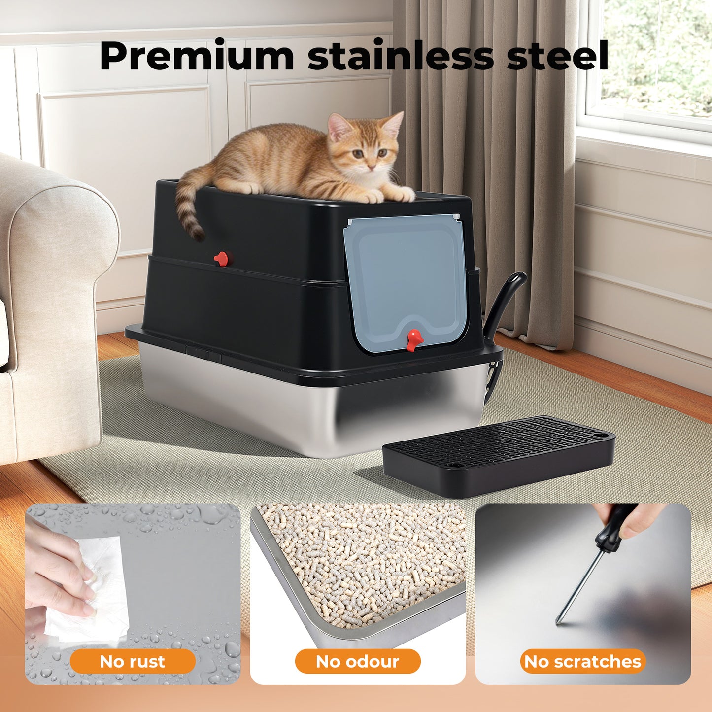 Skylos Cat Litter Box Stainless Steel Large Enclosed Toilet Tray Anti-Splashing