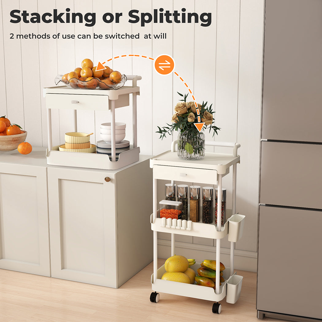 Levede 3 Tier Kitchen Trolley Cart on Wheels Metal Rolling Storage Island White