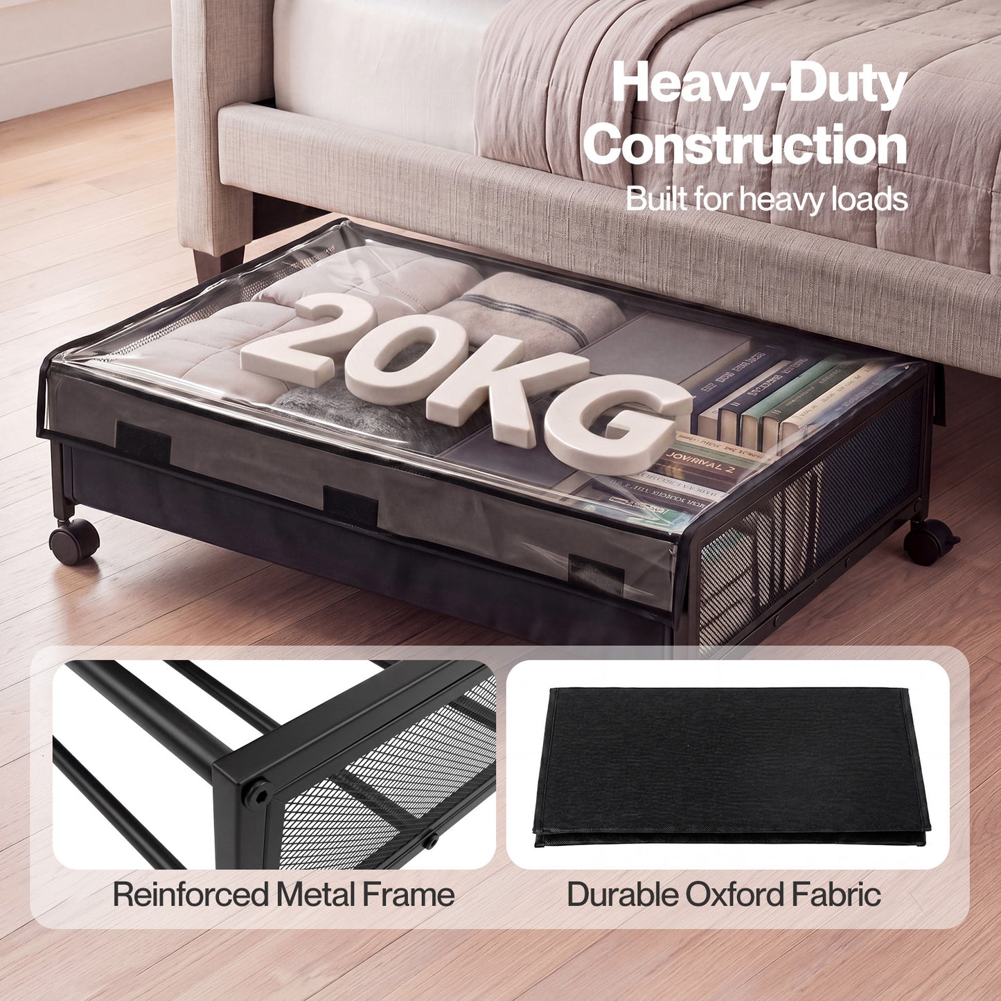 Levede Under Bed Storage Box with Lid Wheels 48L  Metal Frame Black