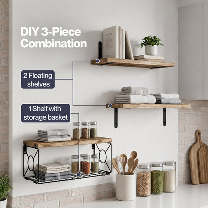 Levede Wood Floating Shelves 3 Tier Bathroom Wall Shelves with Storage Basket