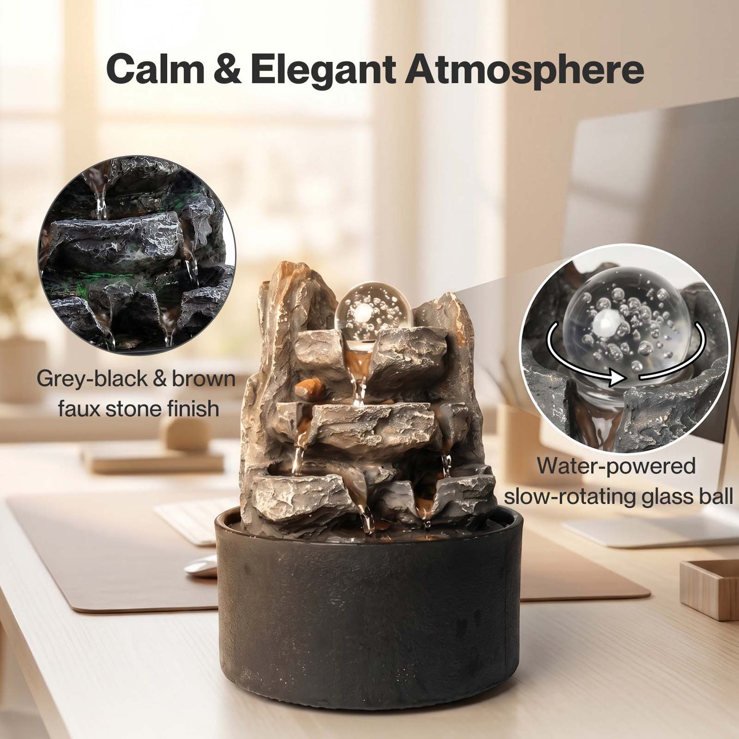 Spector Tabletop Water Fountain With Rotating Glass Ball  Resin Grey Brown