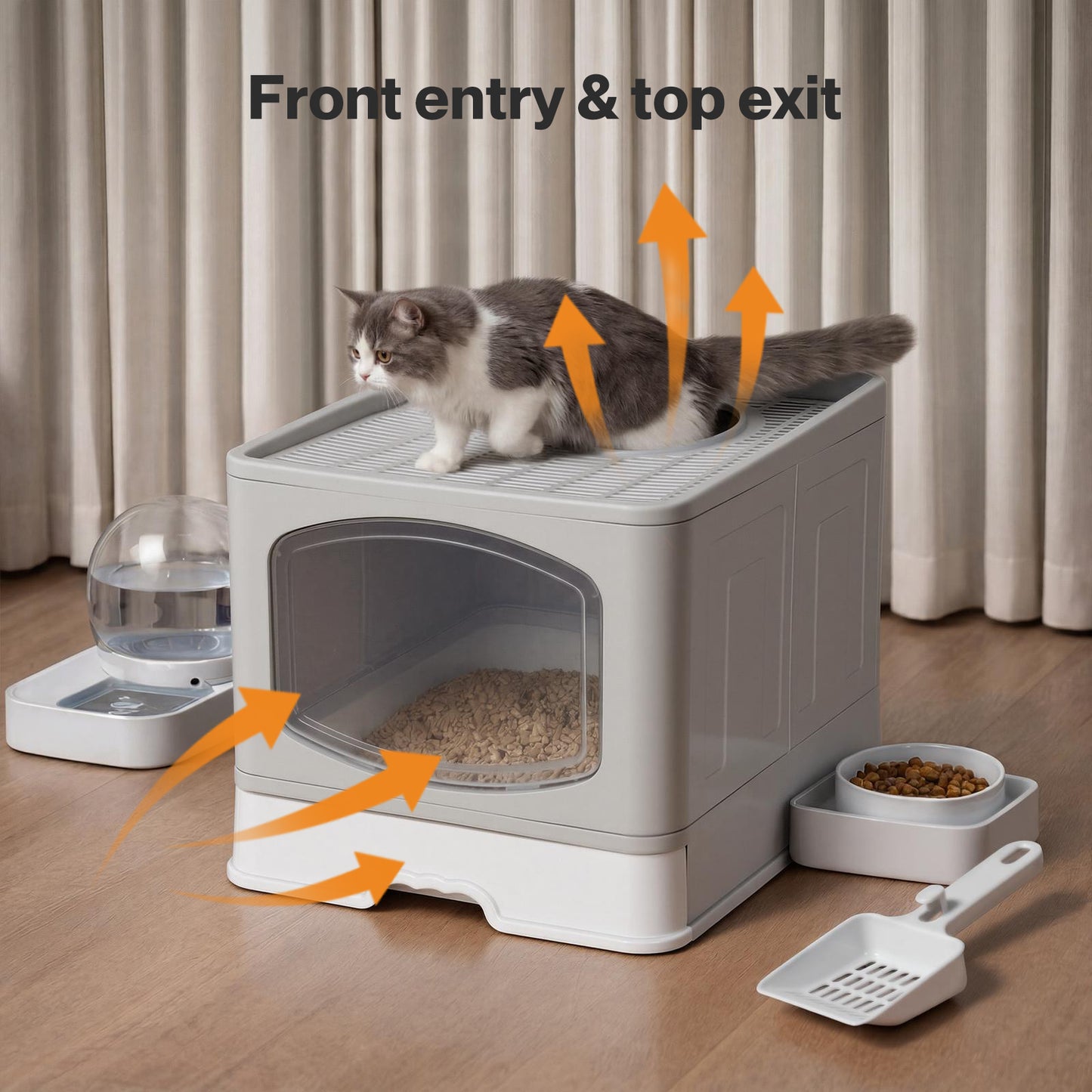 Skylos Cat Litter Box Foldable Entry Top Exit Anti Tracking Cat Litter Tray