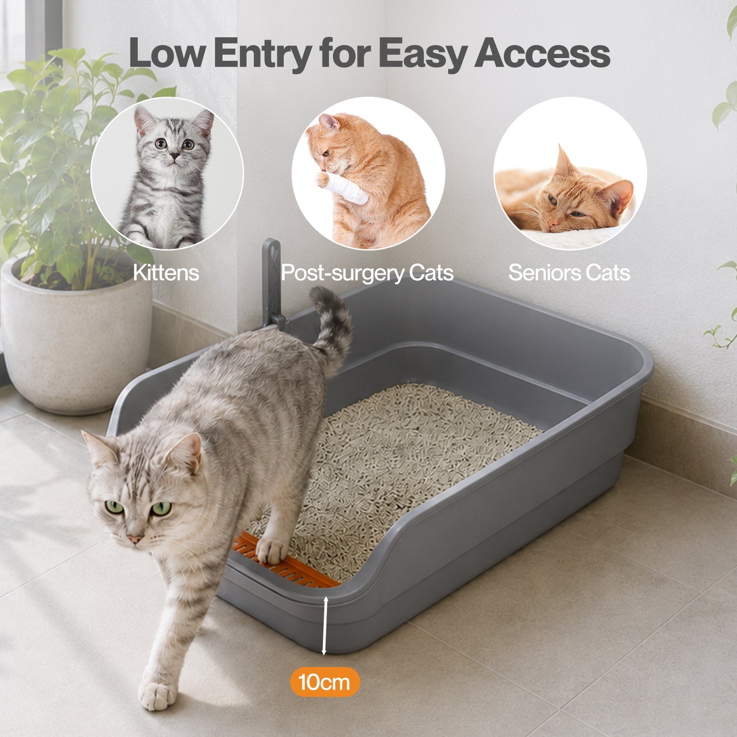 Skylos Cat Litter Tray Spacious High Sided Low Entry Open Pan for Cats Grey