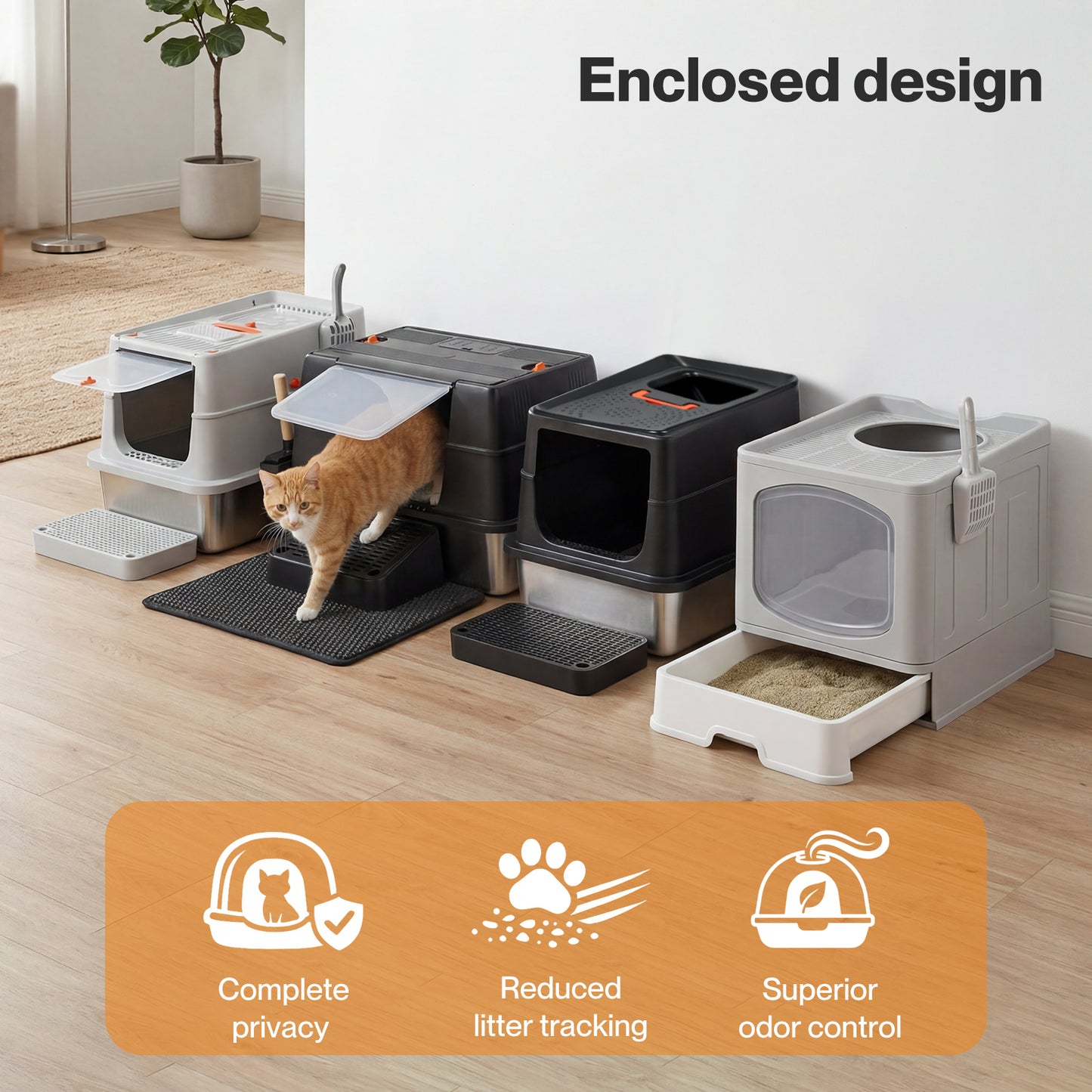 Skylos Cat Litter Box Enclosed Stainless Steel Anti-Splash Toilet Tray Foldable