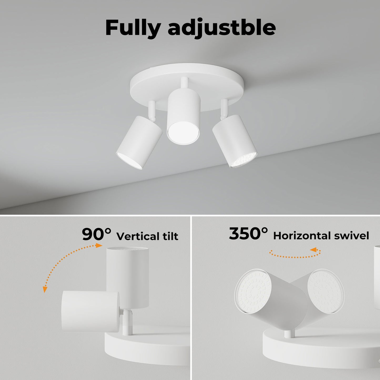 EMITTO 3-Way Spotlight Ceiling Light Adjustable GU10 Modern White Round Base